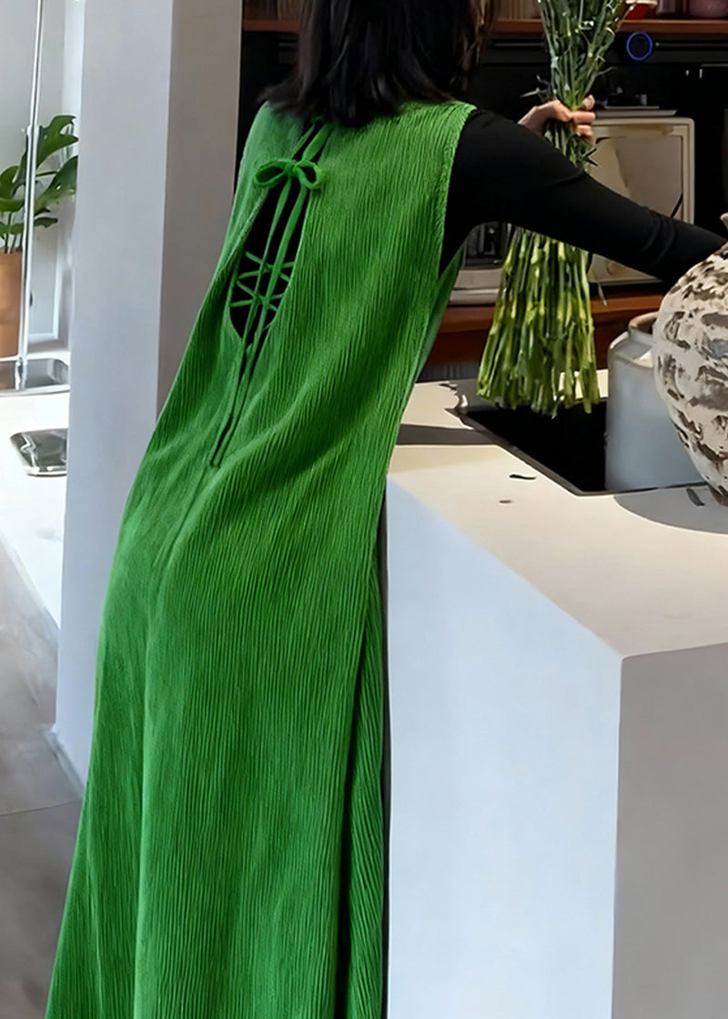 Green Backless Corduroy Long Dresses Sleeveless