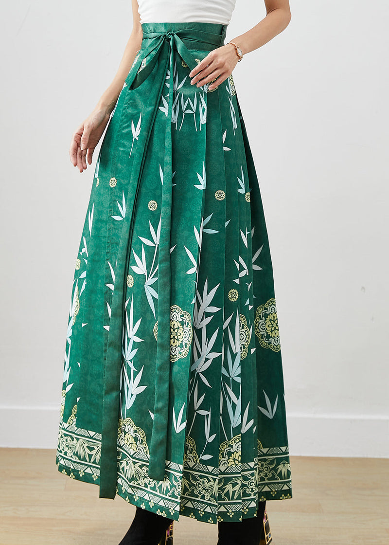 Green Bamboo Leaf Print Exra Large Hem Silk Pleated Skirts Fall