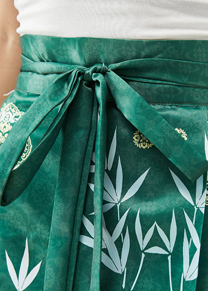 Green Bamboo Leaf Print Exra Large Hem Silk Pleated Skirts Fall