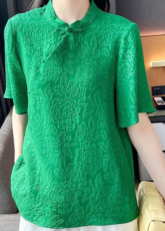 Green Chinese Button Jacquard Patchwork Silk Blouse Tops Short Sleeve