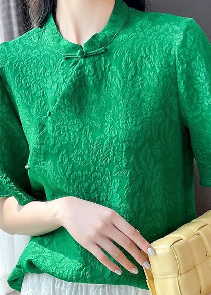 Green Chinese Button Jacquard Patchwork Silk Blouse Tops Short Sleeve