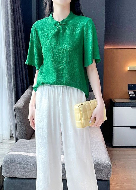 Green Chinese Button Jacquard Patchwork Silk Blouse Tops Short Sleeve