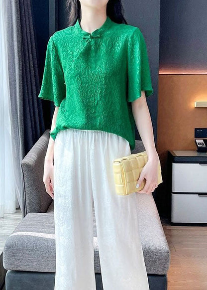 Green Chinese Button Jacquard Patchwork Silk Blouse Tops Short Sleeve