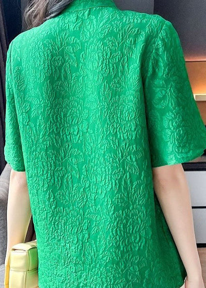 Green Chinese Button Jacquard Patchwork Silk Blouse Tops Short Sleeve