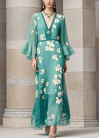 Green Cinched Print Chiffon Dress Flare Sleeve
