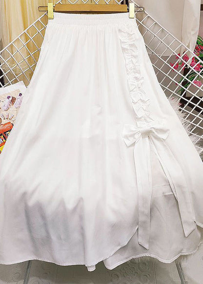 Green Elastic Waist Bow Ruffles Side Open Cotton Skirt Summer