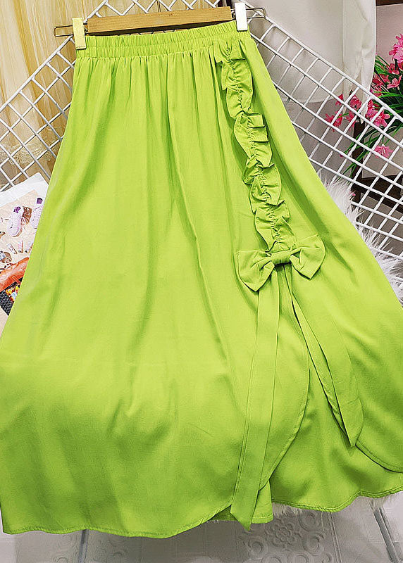 Green Elastic Waist Bow Ruffles Side Open Cotton Skirt Summer