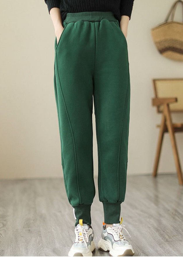 Green Elastic Waist Pockets Warm Fleece Pants Winter