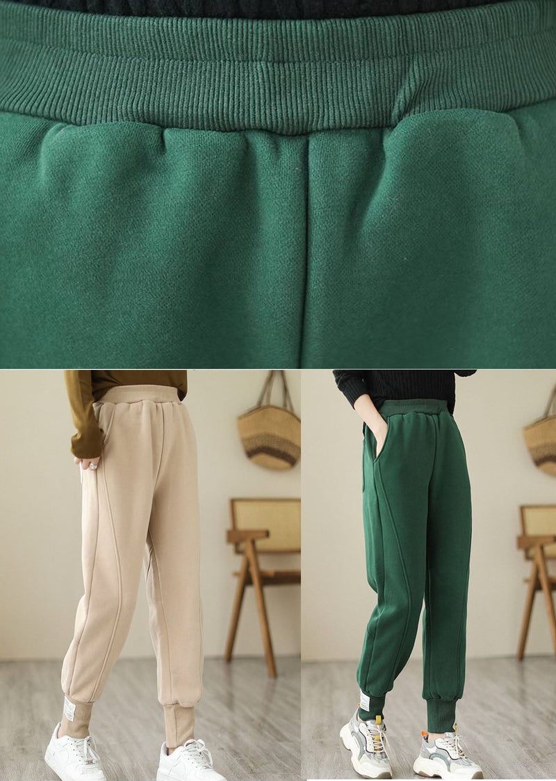 Green Elastic Waist Pockets Warm Fleece Pants Winter