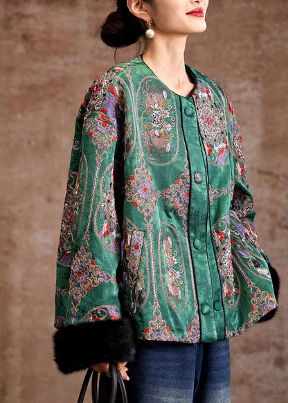 Green Embroidered Patchwork Mink Hair Fine Cotton Filled Coats Winter