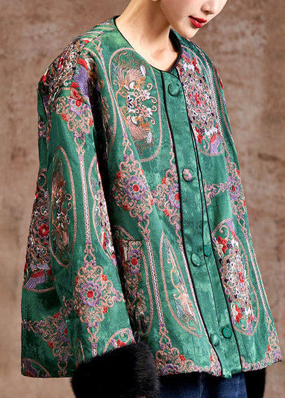 Green Embroidered Patchwork Mink Hair Fine Cotton Filled Coats Winter