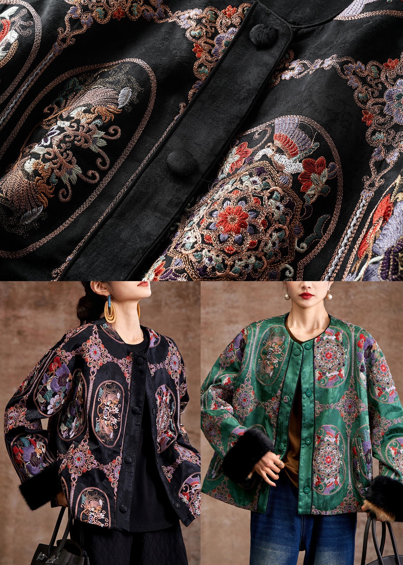 Green Embroidered Patchwork Mink Hair Fine Cotton Filled Coats Winter