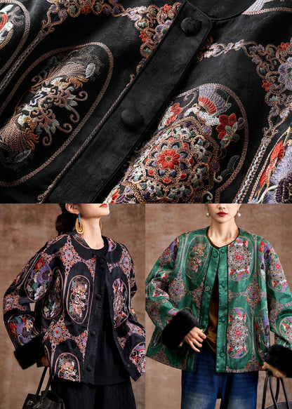 Green Embroidered Patchwork Mink Hair Fine Cotton Filled Coats Winter