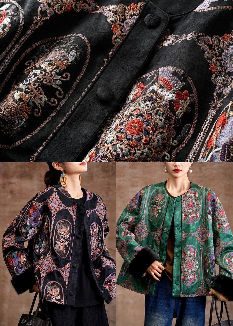 Green Embroidered Patchwork Mink Hair Fine Cotton Filled Coats Winter