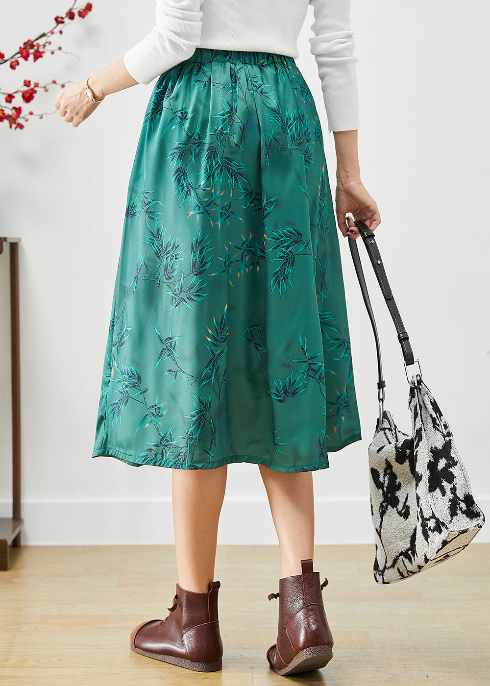 Green Embroideried Bow Silk a Line Skirt Fall