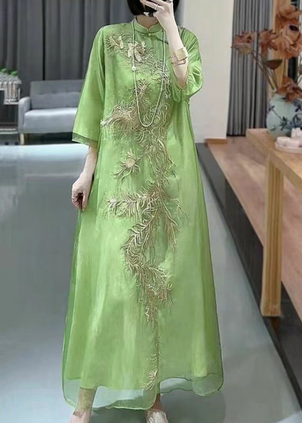 Green Embroideried Button Cotton Blend Long Dresses Spring