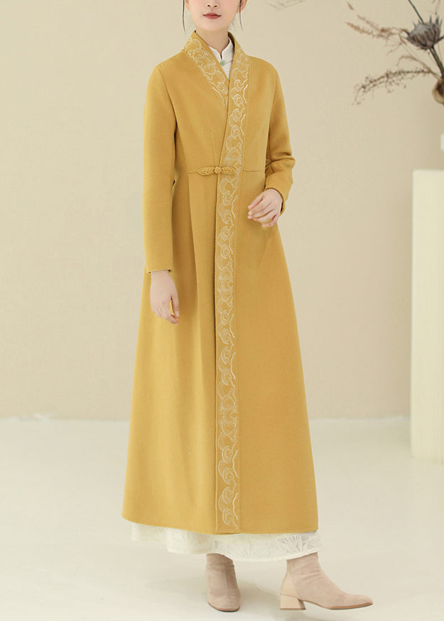 Green Embroidered Chinese Button Woolen Trench Coats Winter