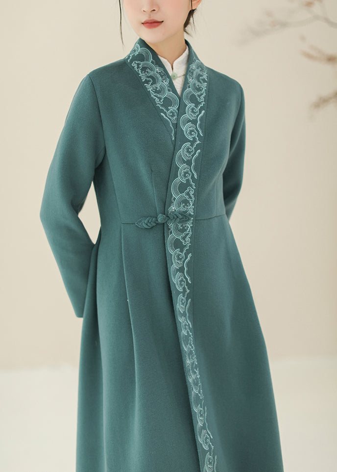 Green Embroidered Chinese Button Woolen Trench Coats Winter