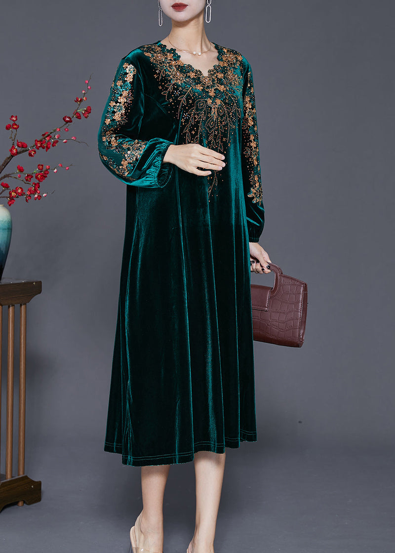 Green Embroideried Hollow Out Silk Velour Dress Fall