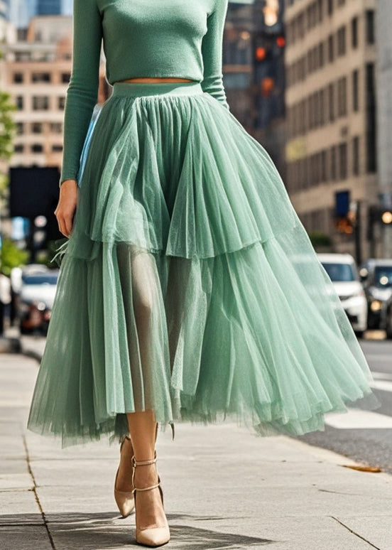 Green Exra Large Hem Tulle Pleated Skirt Fall