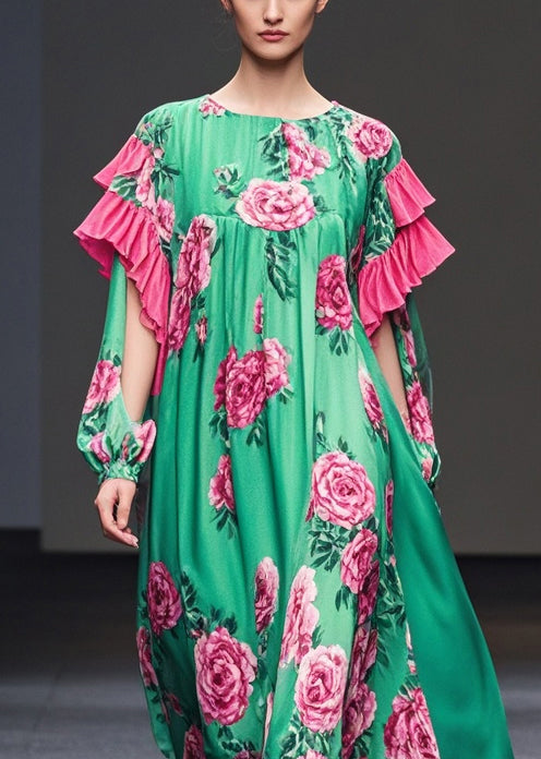 Green Print Ruffles Silk Velvet Dresses Fall
