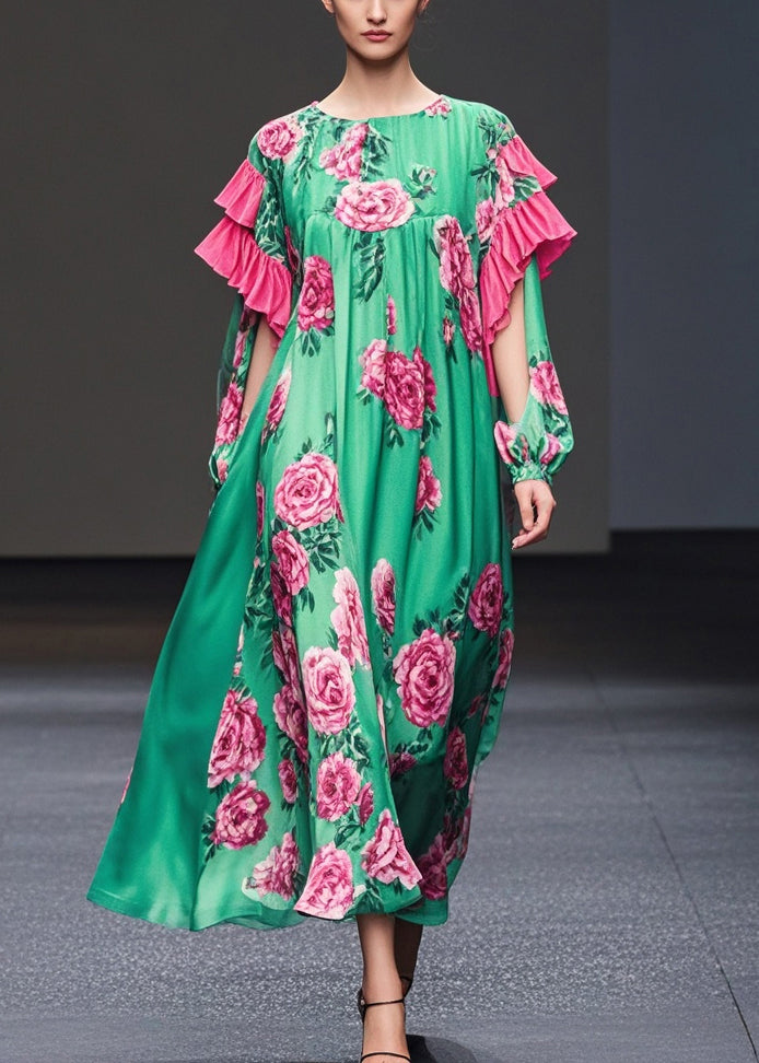 Green Print Ruffles Silk Velvet Dresses Fall