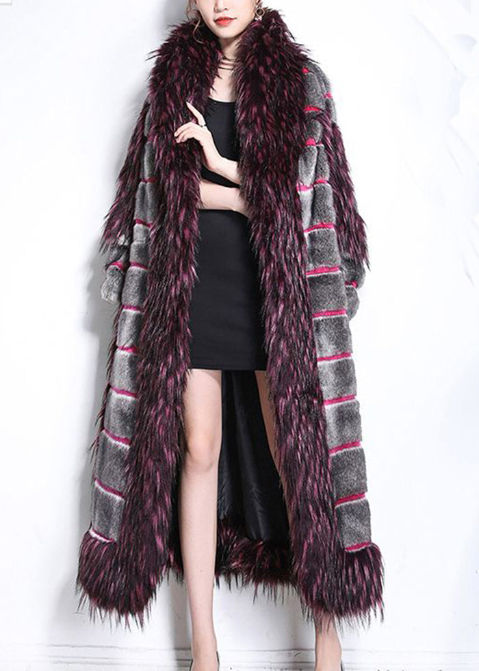 Green Fur Collar Patchwork Striped Fuzzy Fur Fluffy Coats Winter