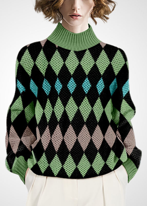 Green High Neck Print Wool Knitted Tops Winter