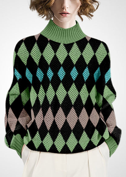 Green High Neck Print Wool Knitted Tops Winter