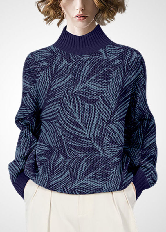 Green High Neck Print Wool Knitted Tops Winter