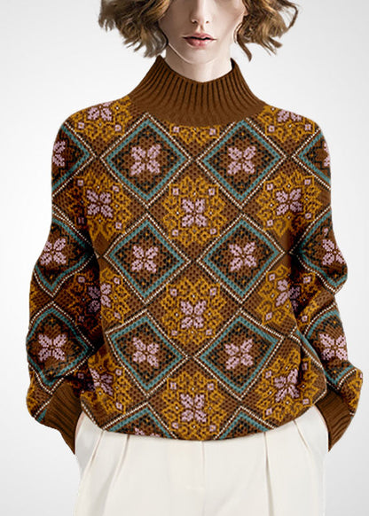Green High Neck Print Wool Knitted Tops Winter