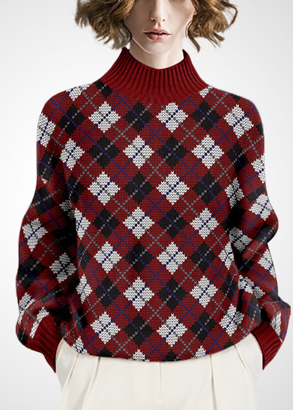 Green High Neck Print Wool Knitted Tops Winter