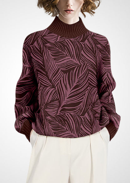 Green High Neck Print Wool Knitted Tops Winter
