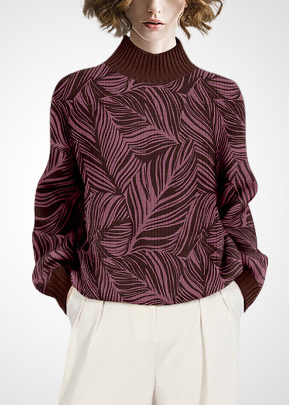 Green High Neck Print Wool Knitted Tops Winter