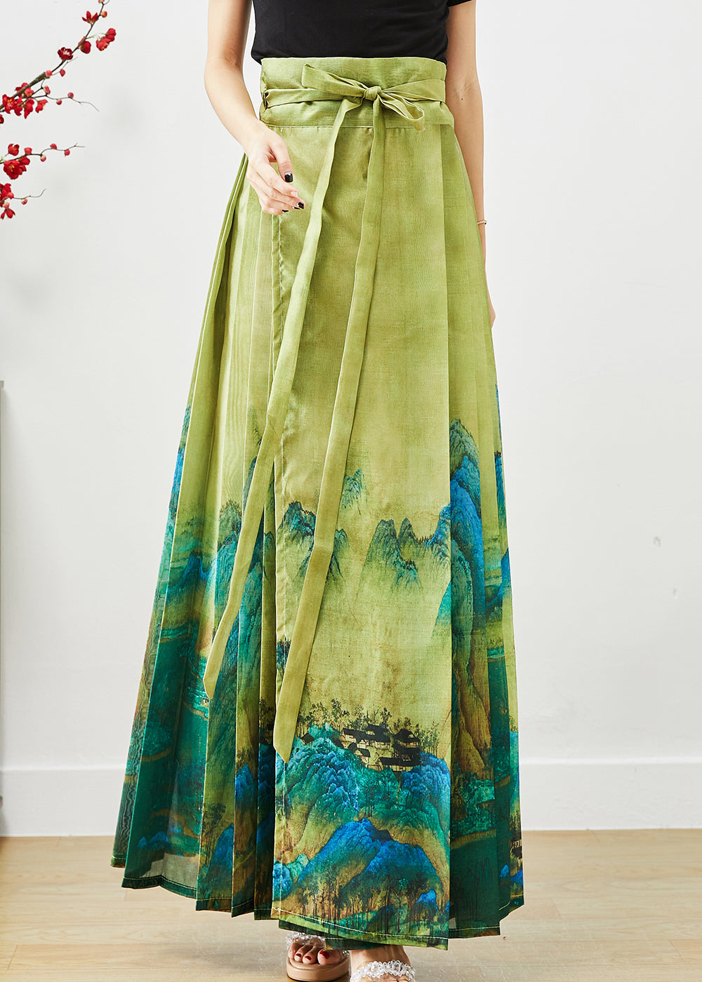Green High Waist Print Pleated Skirt Fall