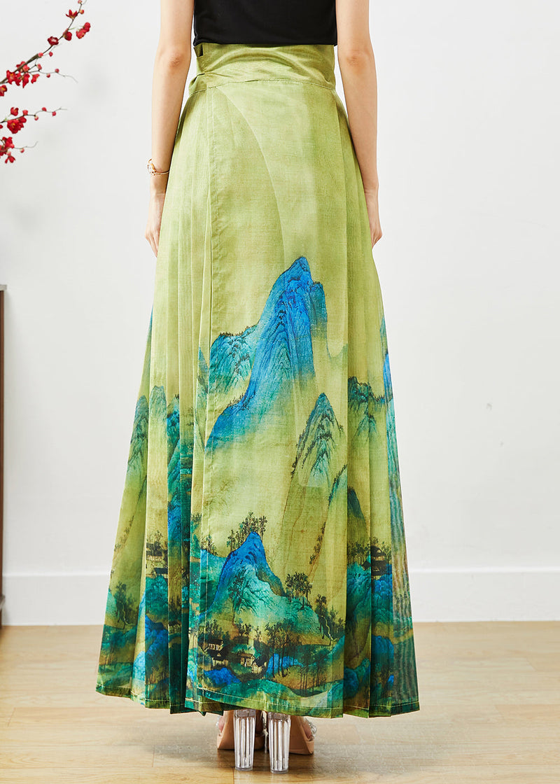 Green High Waist Print Pleated Skirt Fall