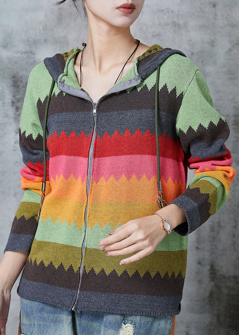 Green Hooded Print Knit Coat Spring