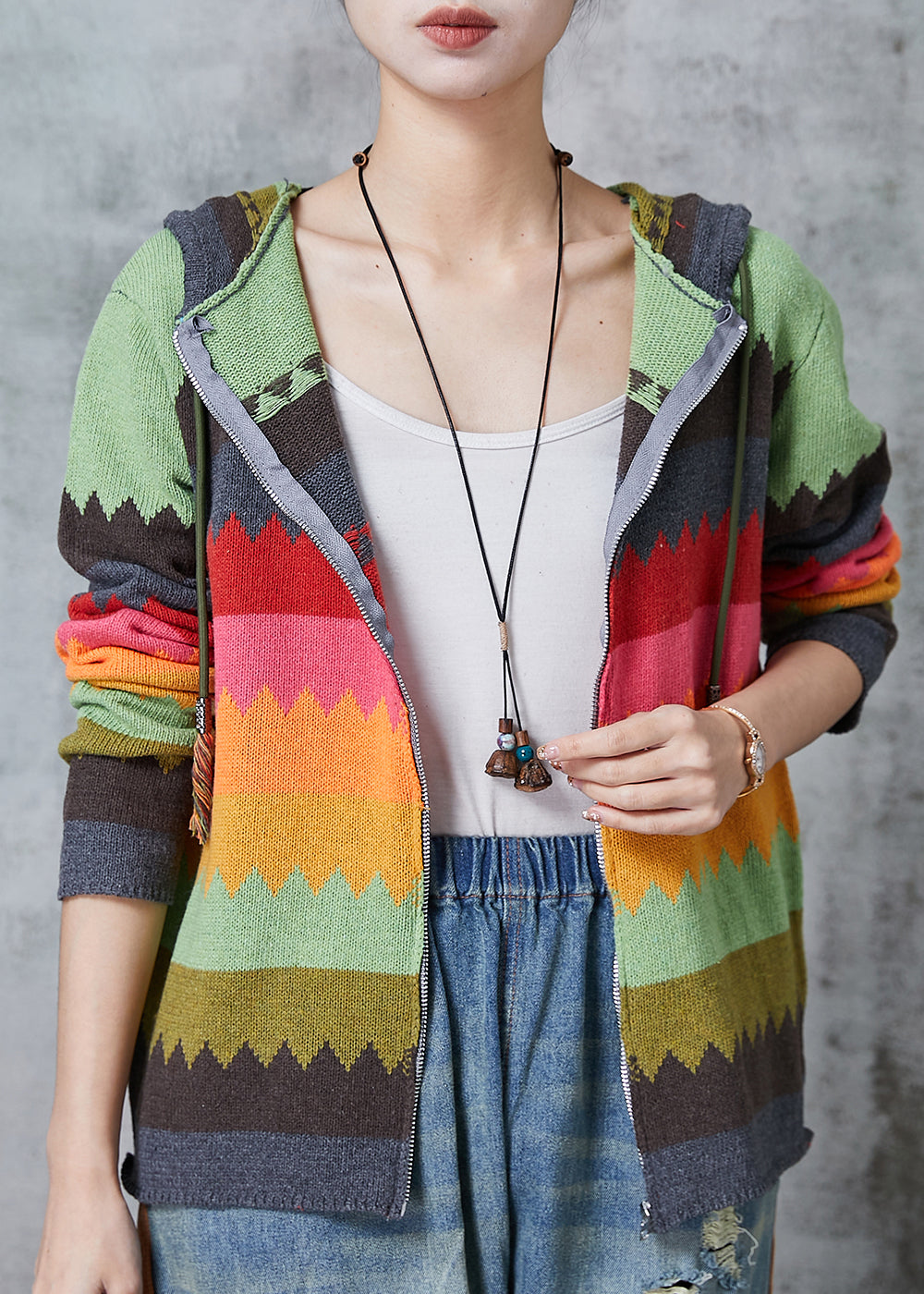 Green Hooded Print Knit Coat Spring