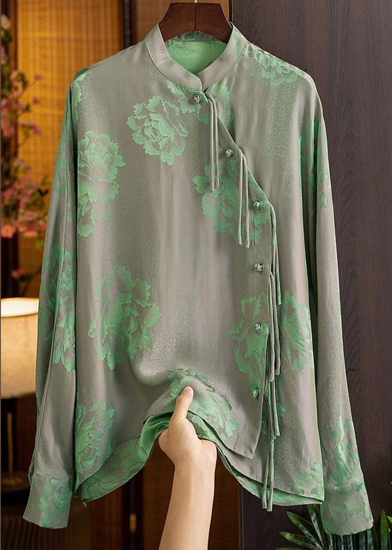 Green-print2 Mandarin Collar Button Print Silk Shirt Top Spring