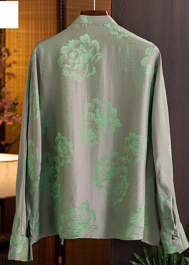 Green-print3 Mandarin Collar Button Print Silk Shirt Top Spring