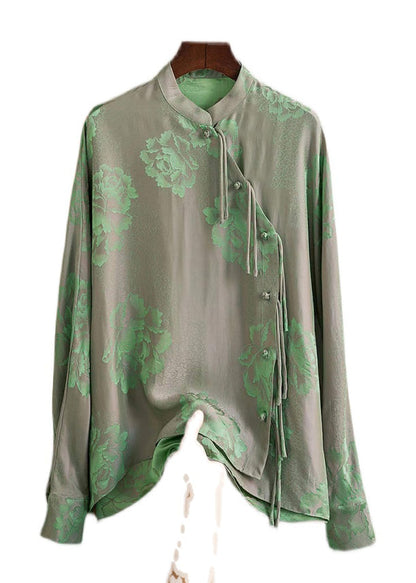 Beautiful Green-Print3 Mandarin Collar Button Print Silk Shirt Top Spring