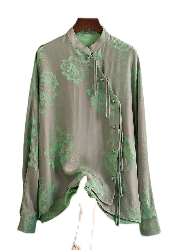 Green-print3 Mandarin Collar Button Print Silk Shirt Top Spring
