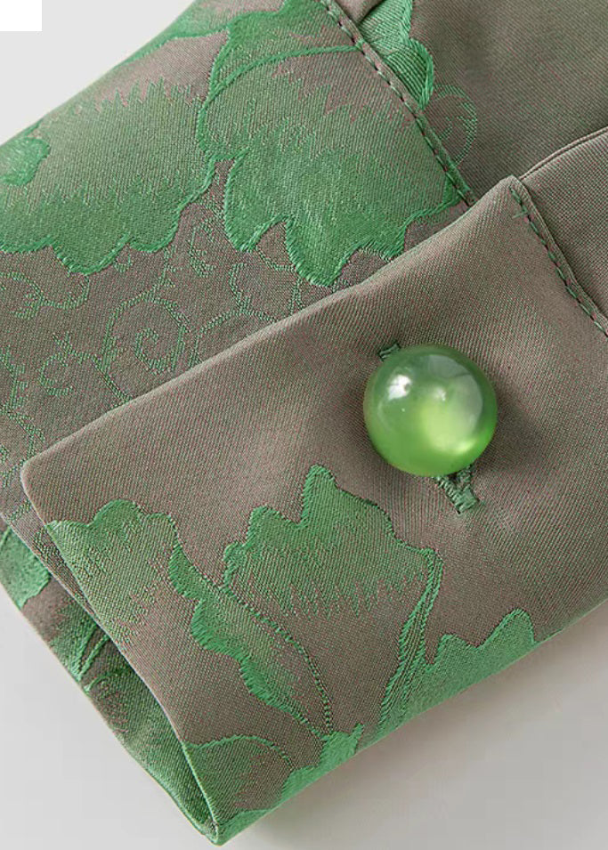 Green-print3 Mandarin Collar Button Print Silk Shirt Top Spring