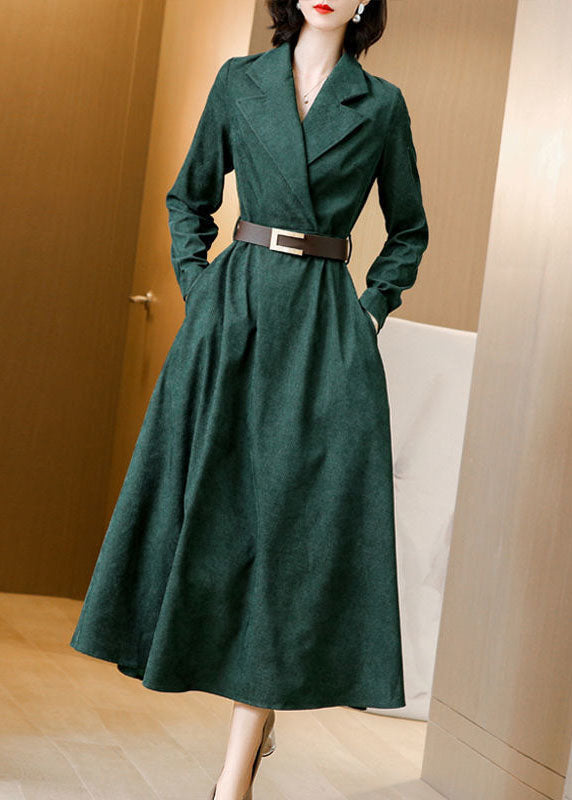 Green Notched Collar Sashes Slim Fit Corduroy Maxi Dresses Spring
