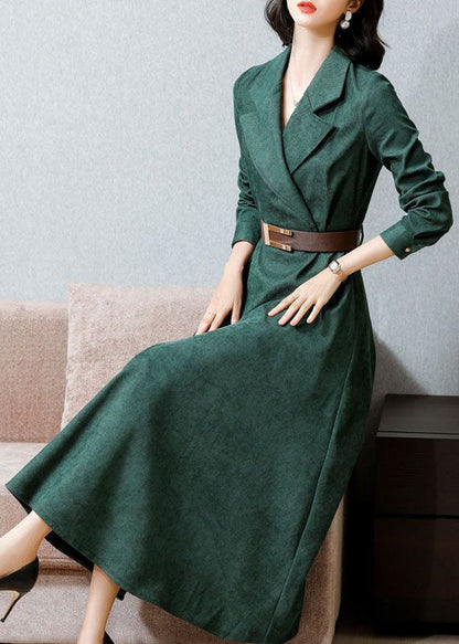 Green Notched Collar Sashes Slim Fit Corduroy Maxi Dresses Spring