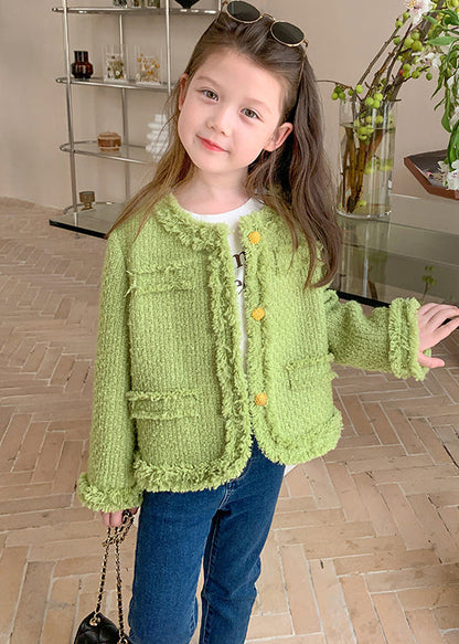 Green O Neck Button Patchwork Cotton Coat Fall