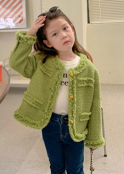 Green O Neck Button Patchwork Cotton Coat Fall