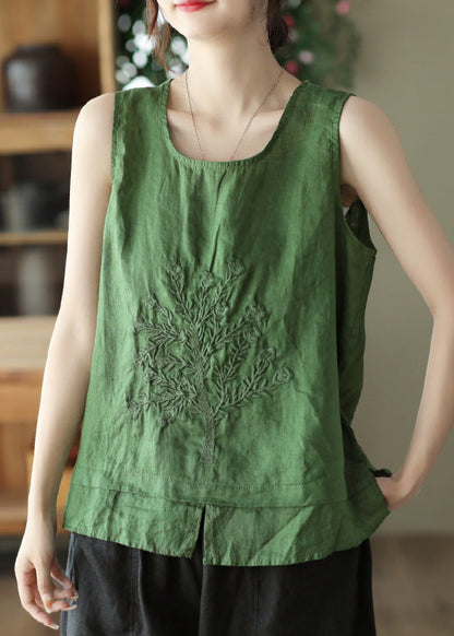 Green O-neck Embroideried Patchwork Side Open Linen Vest Summer