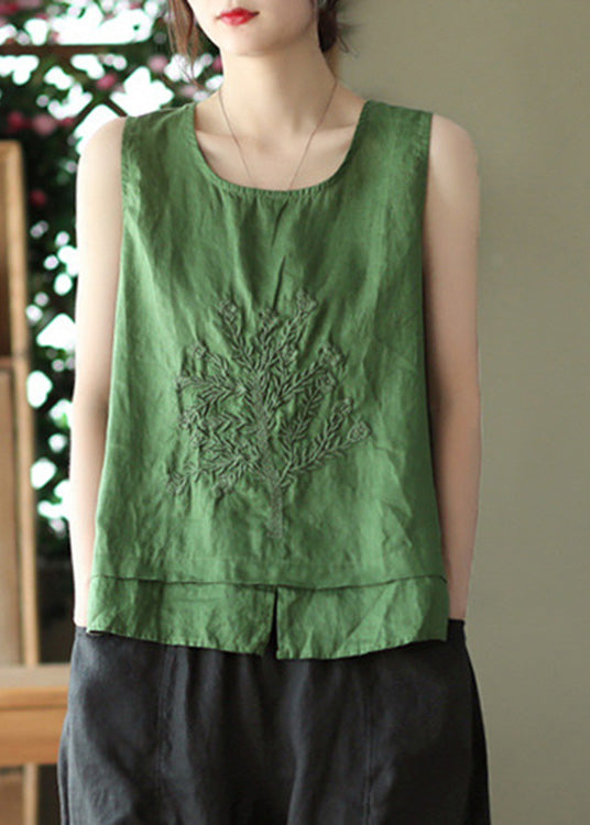 Green O-neck Embroideried Patchwork Side Open Linen Vest Summer
