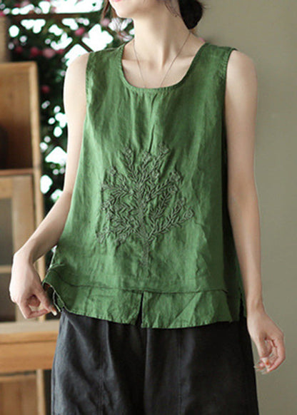 Green O-neck Embroideried Patchwork Side Open Linen Vest Summer